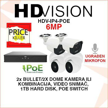 HDVISION IP POE KOMPLET SA 4 KAMERE 6MP SA ZVUKOM HDV-IP4-POE