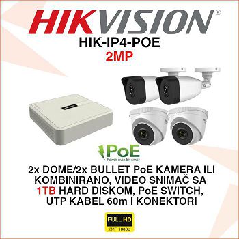 HIKVISION 2MP IP KOMPLET ZA VIDEO NADZOR SA 4 POE KAMERE HIK-IP4-POE