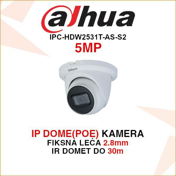 DAHUA 5MP IP DOME STARLIGHT KAMERA ZA VIDEO NADZOR IPC-HDW2531T-AS-S2