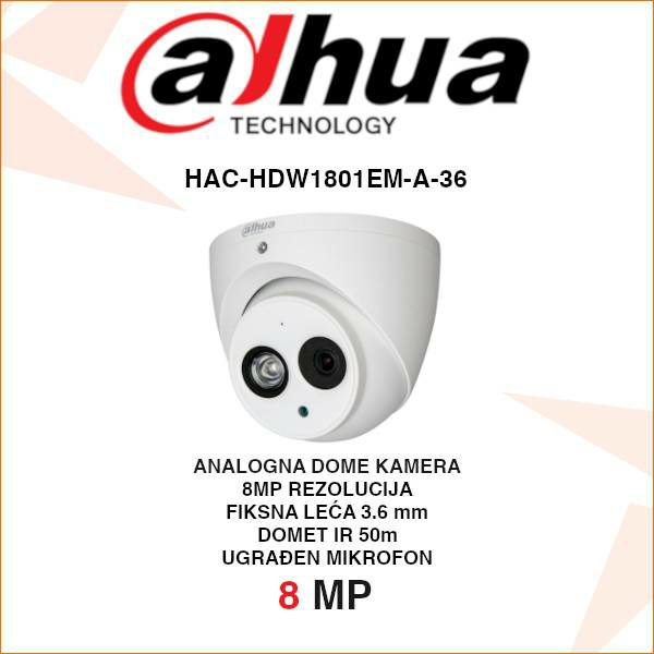 DAHUA 4K CCTV DOME KAMERA ZA VIDEO NADZOR HAC-HDW1801EM-A