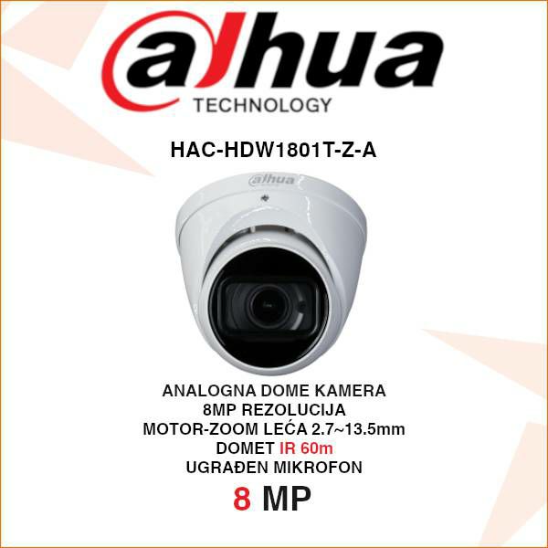 DAHUA 4K CCTV DOME MOTOR ZOOM KAMERA S MIKROFONOM HAC-HDW1801T-Z-A