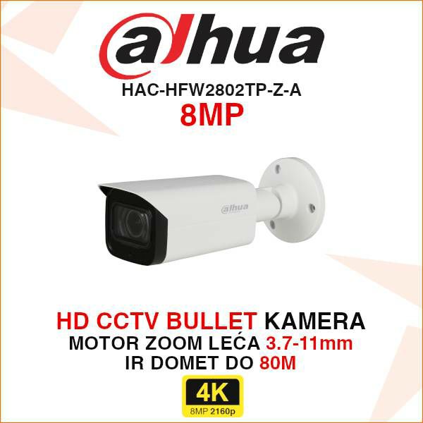 DAHUA CCTV 4K BULLET KAMERA S MOTOR ZOOM LEĆOM HAC-HFW2802TP-Z-A