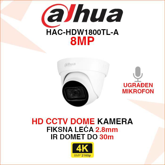 DAHUA CCTV 8MP DOME KAMERA S MIKROFONOM HAC-HDW1800TL-A