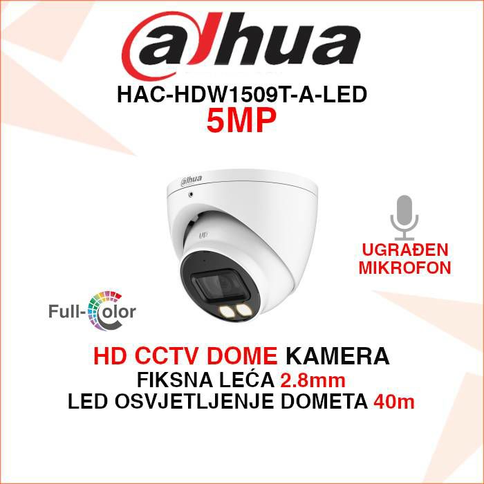 DAHUA CCTV FULL COLOR 5MP DOME KAMERA HAC-HDW1509T-A-LED