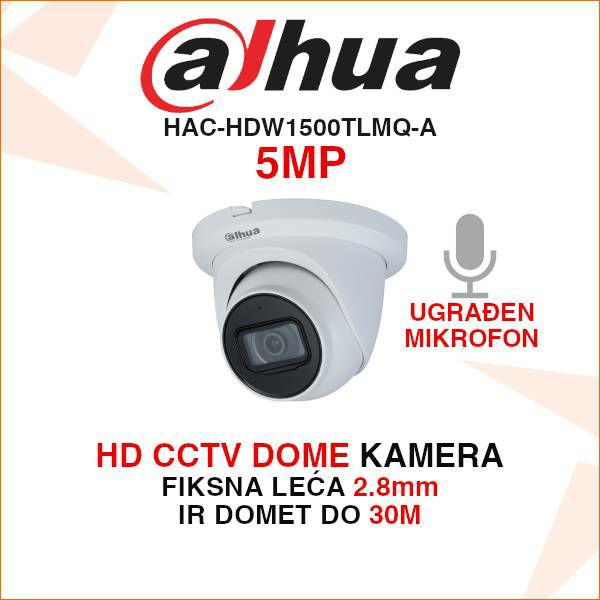 DAHUA CCTV STARLIGHT 5MP DOME KAMERA S MIKROFONOM HAC-HDW1500TLMQ-A