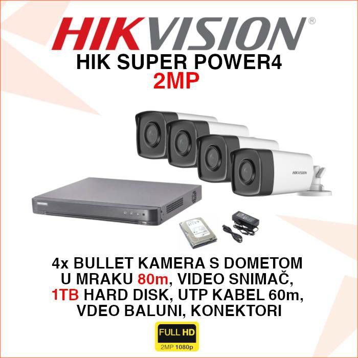 HIKVISION 2MP KOMPLET SA 4 KAMERE PLUG&PLAY HIK SUPER POWER4