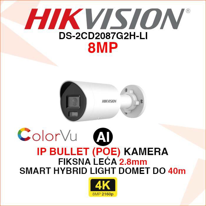 HIKVISION 4K COLORVU SMART HYBRID LIGHT KAMERA DS-2CD2087G2H-LI