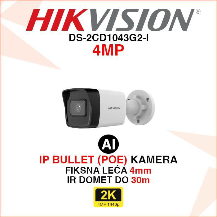 HIKVISION 4MP IP BULLET KAMERA SA AI FUNKCIJAMA DS-2CD1043G2-I