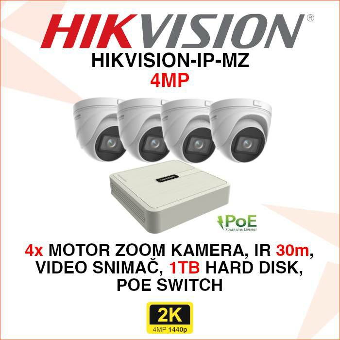 HIKVISION 4MP IP POE SET SA 4  MOTOR ZOOM DOME KAMERE HIKVISION-IP-MZ