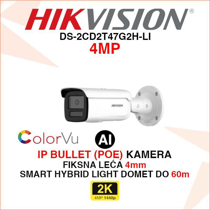 HIKVISION 4MP SMART HYBRID LIGHT IP COLORVU KAMERA DS-2CD2T47G2H-LI