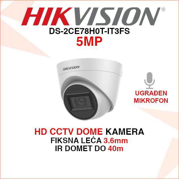HIKVISION CCTV EXIR DOME KAMERA 5MP REZOLUCIJE DS-2CE78H0T-IT3FS