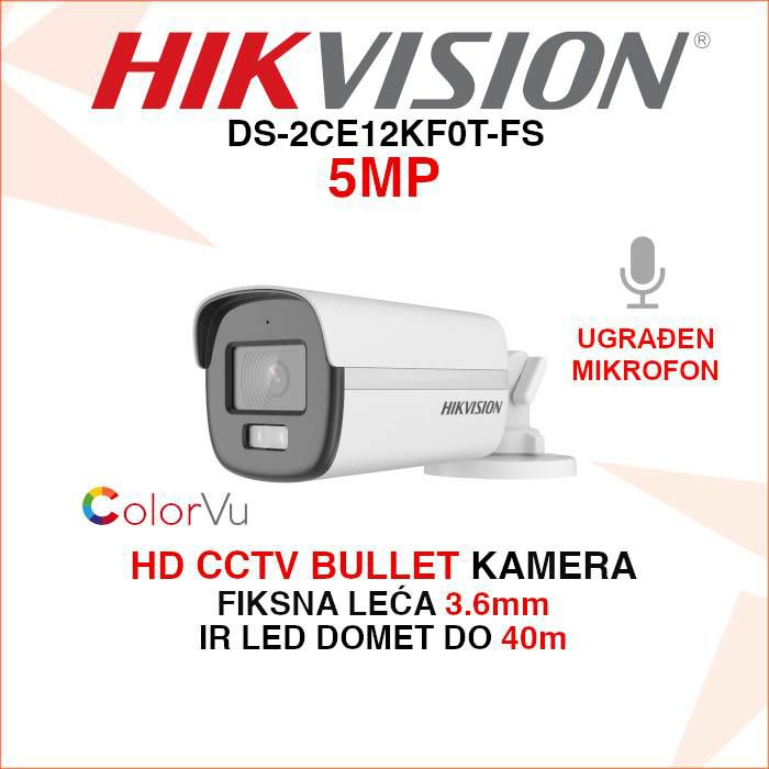 HIKVISION COLORVU 5MP BULLET KAMERA S MIKROFONOM DS-2CE12KF0T-FS