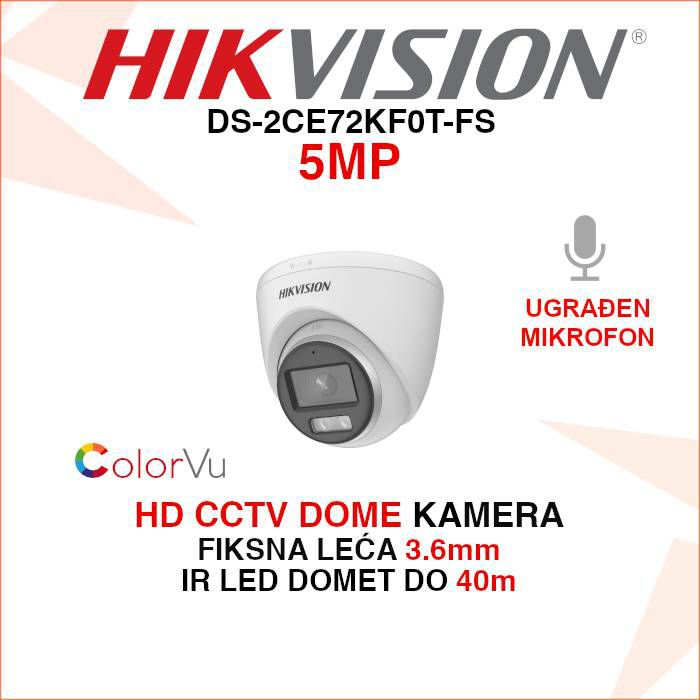 HIKVISION COLORVU DOME 5MP KAMERA S MIKROFONOM DS-2CE72KF0T-FS