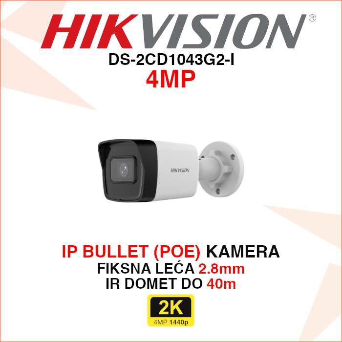HIKVISION EXIR 2.0 4MP IP KAMERA SA 2.8mm LEĆOM DS-2CD1043G2-I