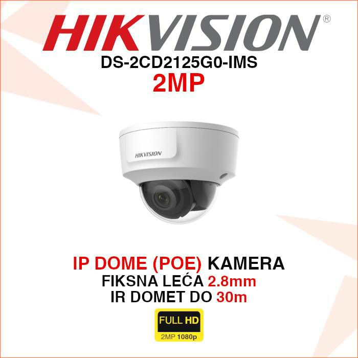 HIKVISION IP DOME 2MP ANTIVANDAL KAMERA DS-2CD2125G0-IMS