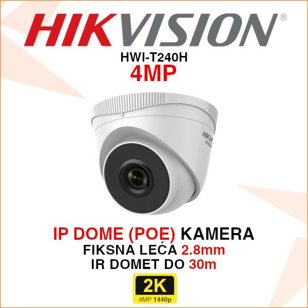 HIKVISION 2K IP DOME PoE KAMERA S FIKSNOM LEĆOM 2.8mm HWI-T240H