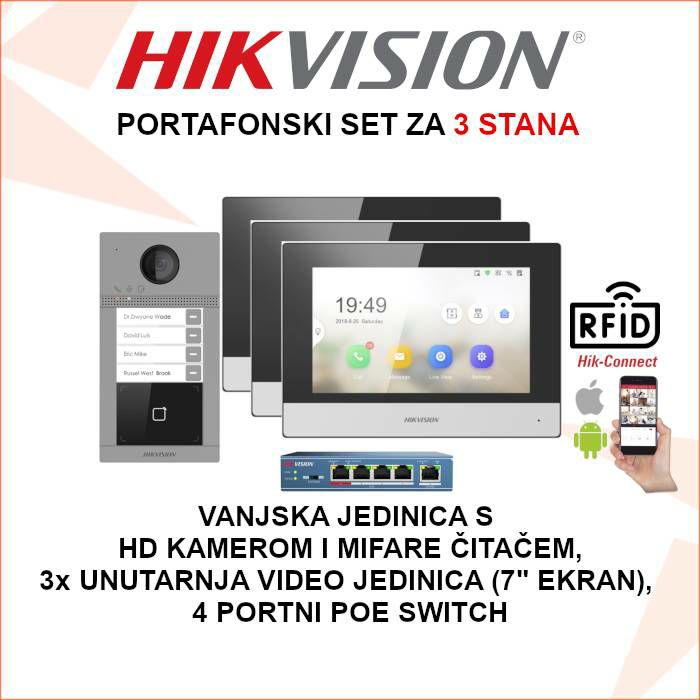 HIKVISION SET PORTAFONA ZA 3 STANA S VIDEO JEDINICOM HIK-PORTAFON3-SET