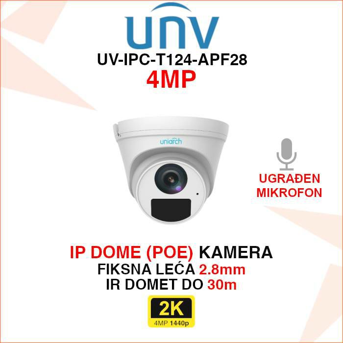 UNIVIEW UNIARCH 4MP IP POE DOME KAMERA UV-IPC-T124-APF28